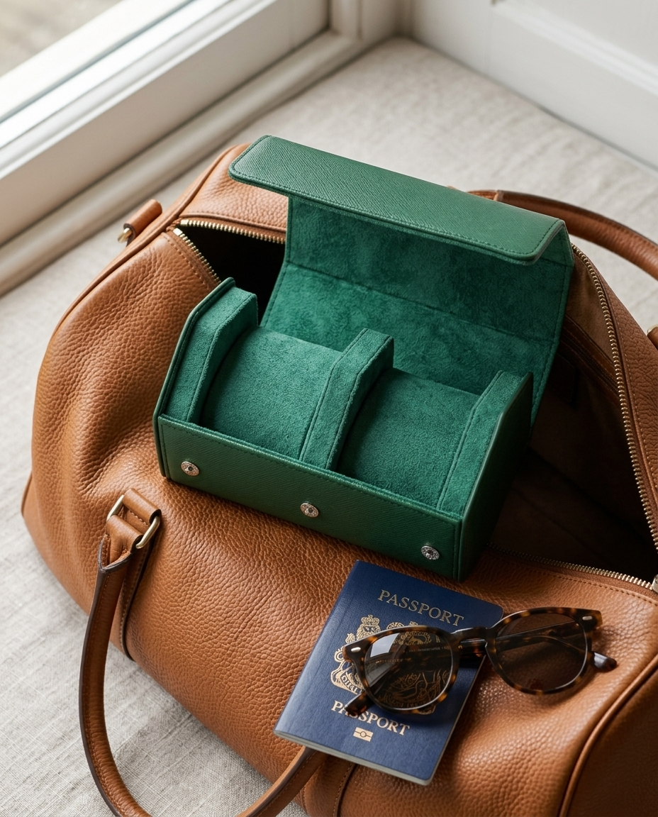 Étui Traversée 2 montres en cuir vert