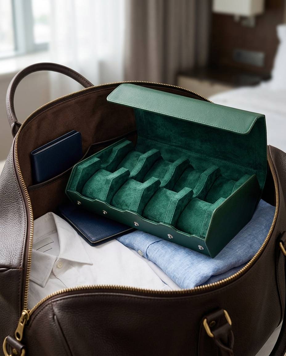 Étui Traversée 8 montres dans un grand sac de voyage