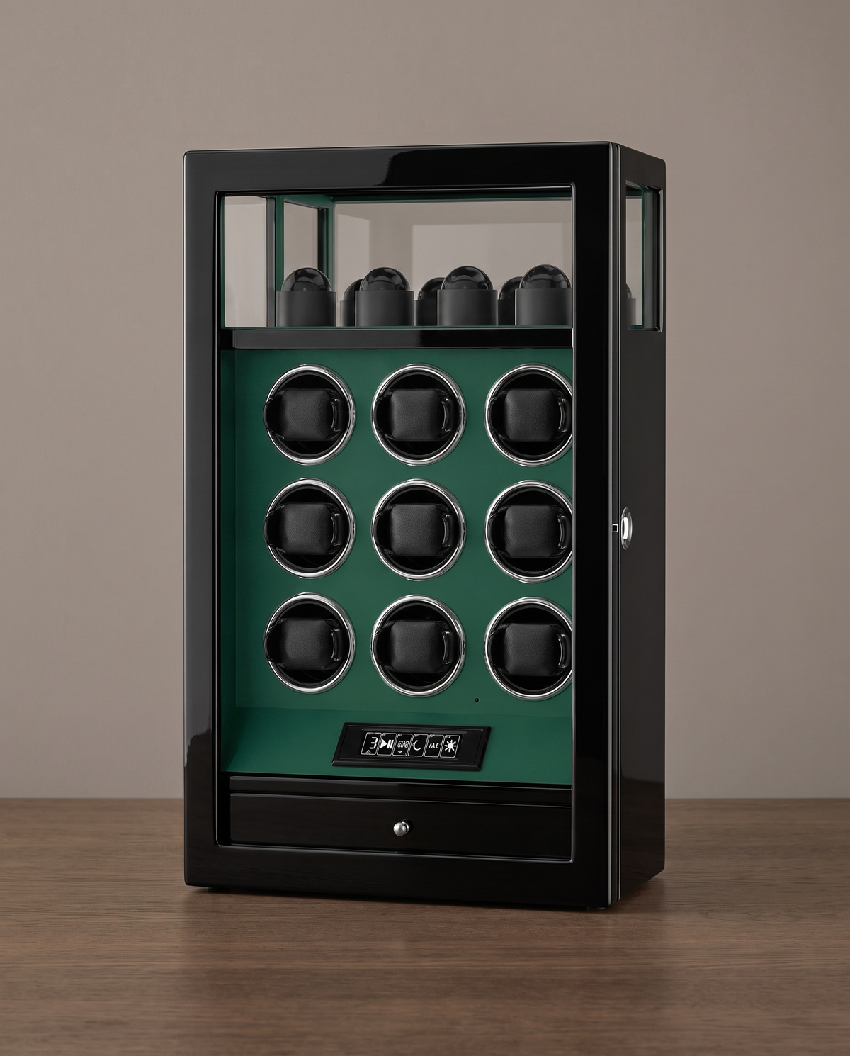Remontoir Véga 9 montres, laque noire et intérieur vert